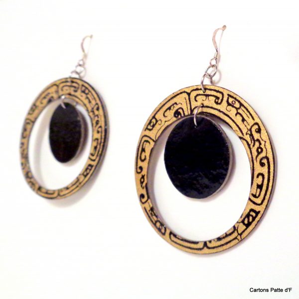 Boucles d'oreille en carton - "Grandes créoles plus une" - Noir Or/Noir - Argent 925