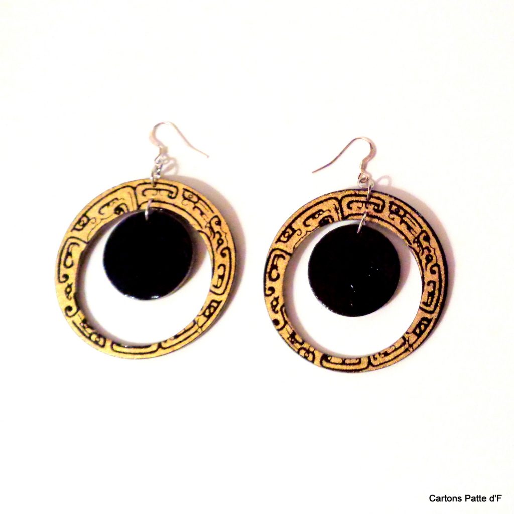 Boucles d'oreille en carton - "Grandes créoles plus une" - Noir Or/Noir - Argent 925