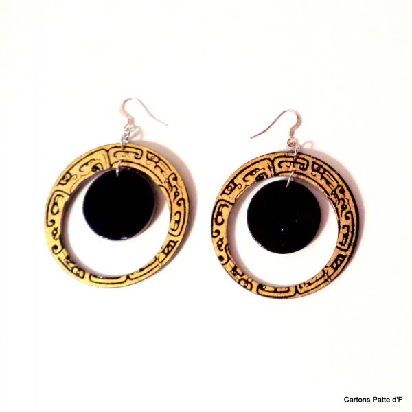 Boucles d'oreille en carton - "Grandes créoles plus une" - Noir Or/Noir - Argent 925