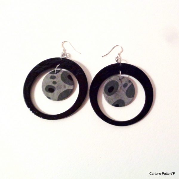 Boucles d'oreille en carton - "Grandes créoles plus une" - Noir/Gris Galets - Argent 925