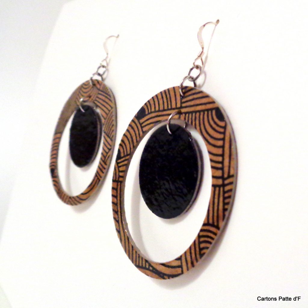Boucles d'oreille en carton - "Grandes créoles plus une" - Marron Noeuds/Noir - Argent 925