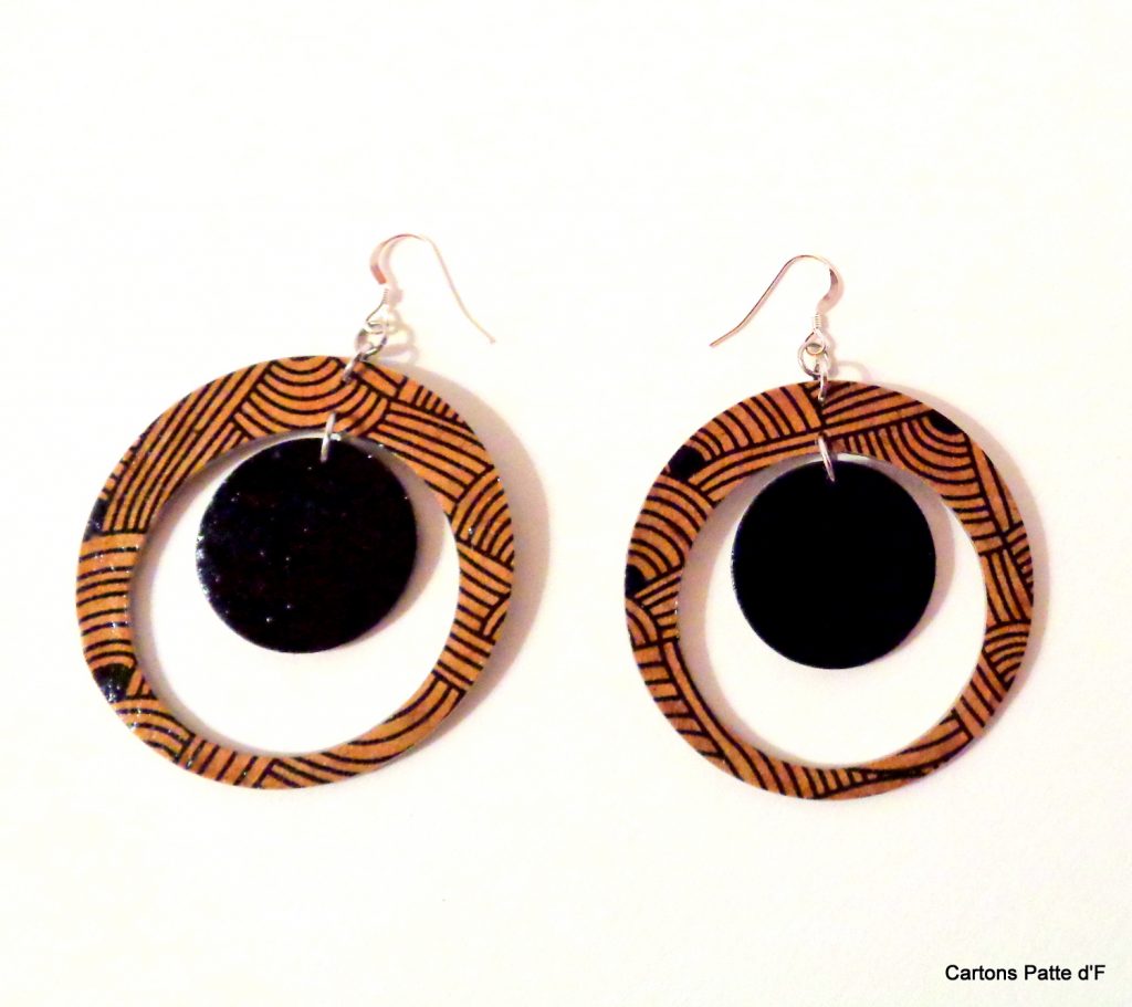 Boucles d'oreille en carton - "Grandes créoles plus une" - Marron Noeuds/Noir - Argent 925