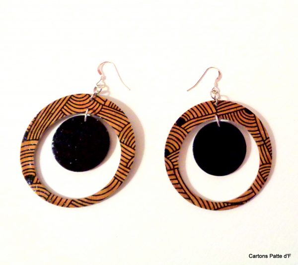 Boucles d'oreille en carton - "Grandes créoles plus une" - Marron Noeuds/Noir - Argent 925