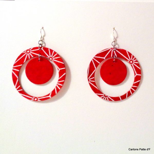 Boucles d'oreille en carton - "Grandes créoles plus une" - Rouge étoilé/Rouge - Argent 925