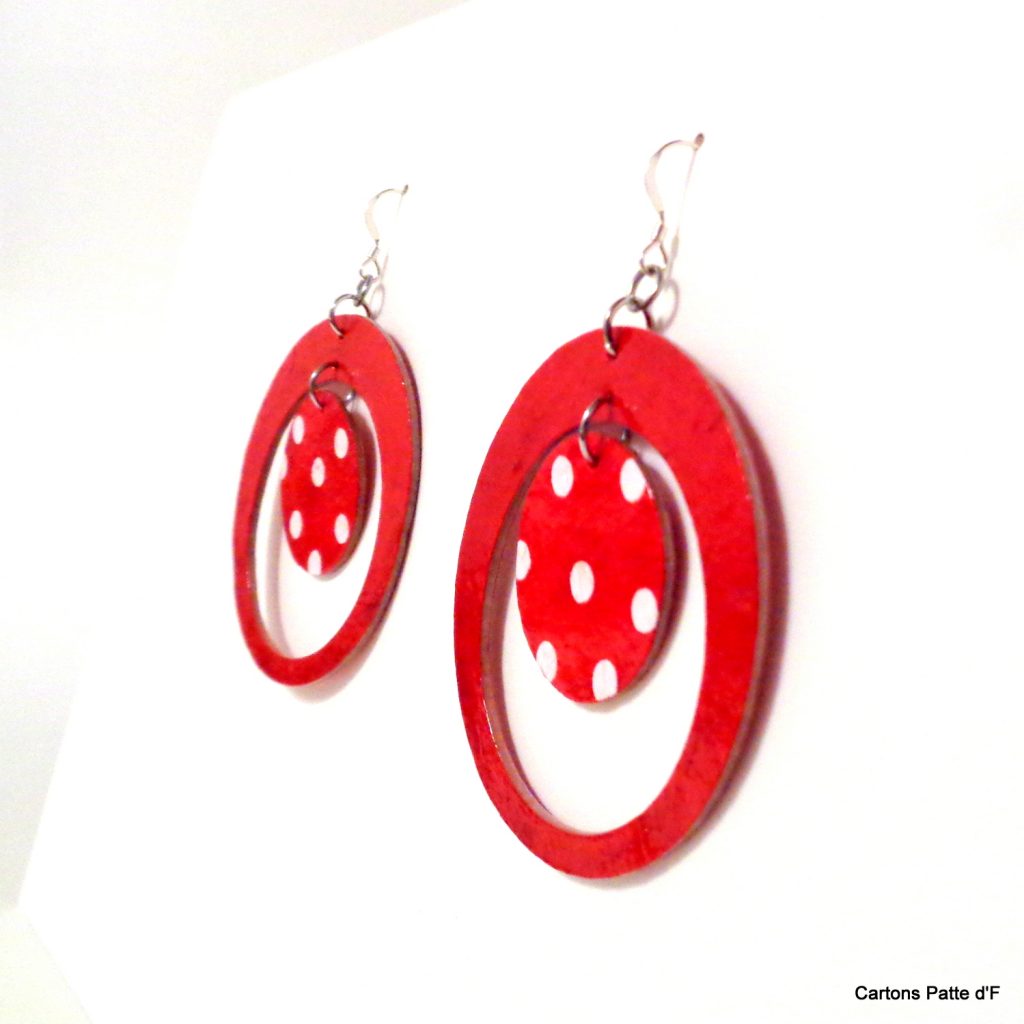 Boucles d'oreille en carton - "Grandes créoles plus une" - Rouge/Rouge petits pois blancs - Argent 925