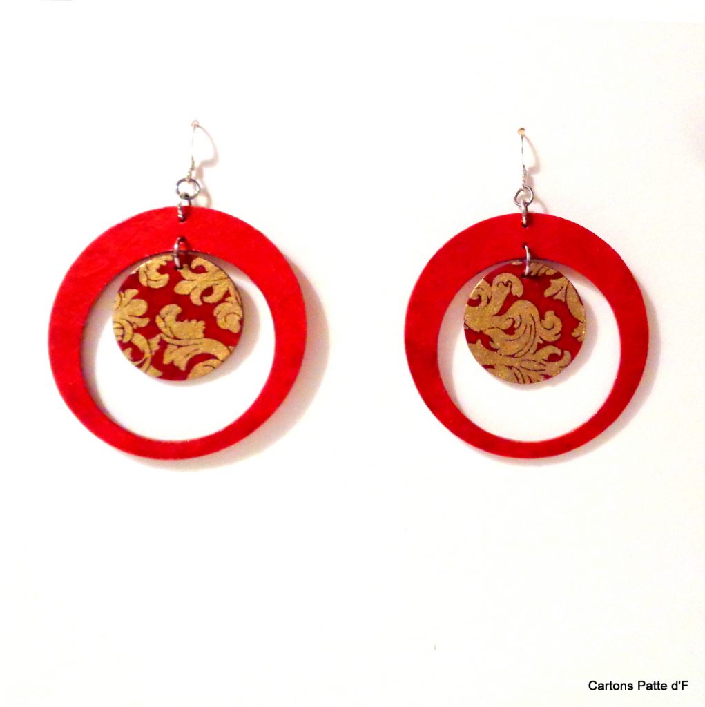 Boucles d'oreille en carton - "Grandes créoles plus une" - Rouge/Or Rouge - Argent 925