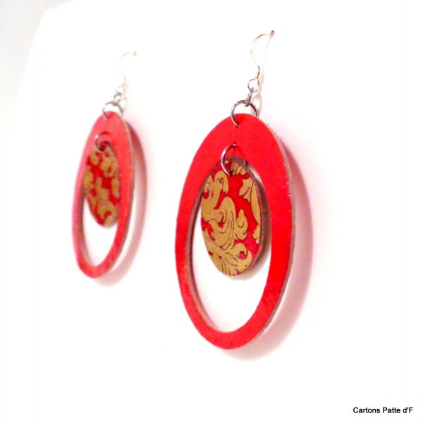 Boucles d'oreille en carton - "Grandes créoles plus une" - Rouge/Or Rouge - Argent 925