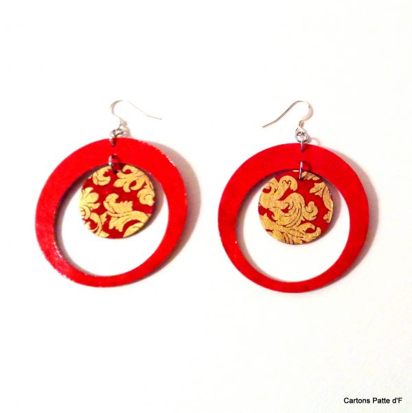 Boucles d'oreille en carton - "Grandes créoles plus une" - Rouge/Or Rouge - Argent 925