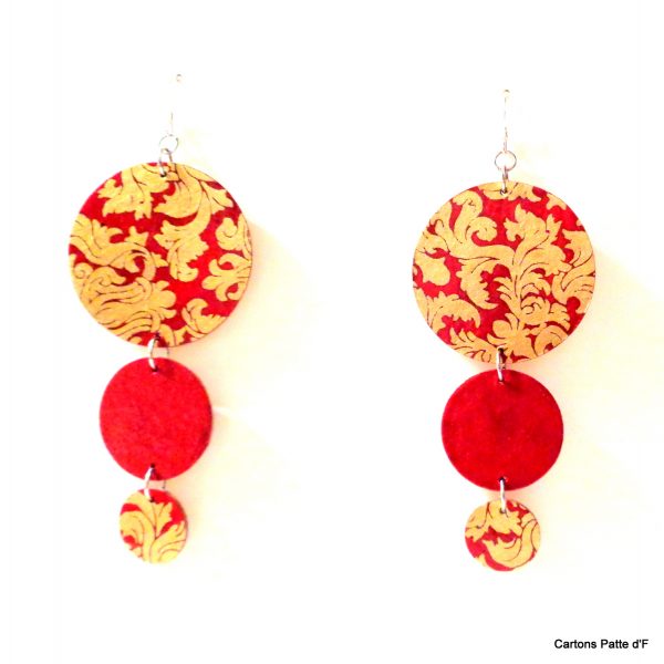 Boucles d'oreille en carton - Longues rondes - Or Rouge/Rouge carmin - Argent 925