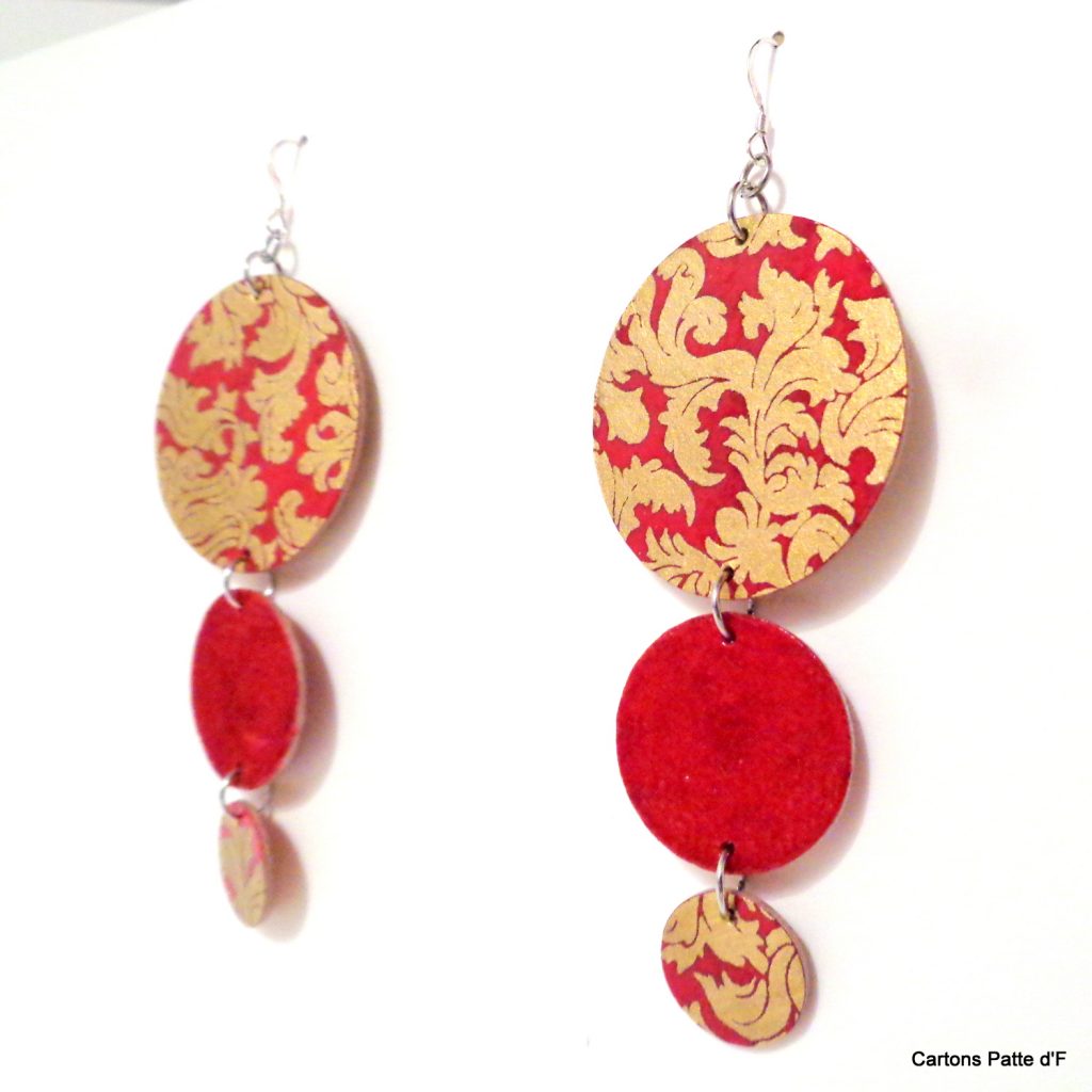 Boucles d'oreille en carton - Longues rondes - Or Rouge/Rouge carmin - Argent 925