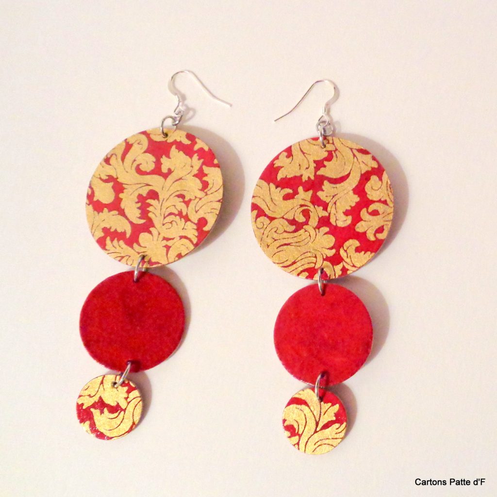 Boucles d'oreille en carton - Longues rondes - Or Rouge/Rouge carmin - Argent 925