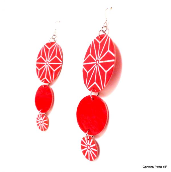 Boucles d'oreille en carton - Longues rondes - Rouge étoilé/Rouge - Argent 925