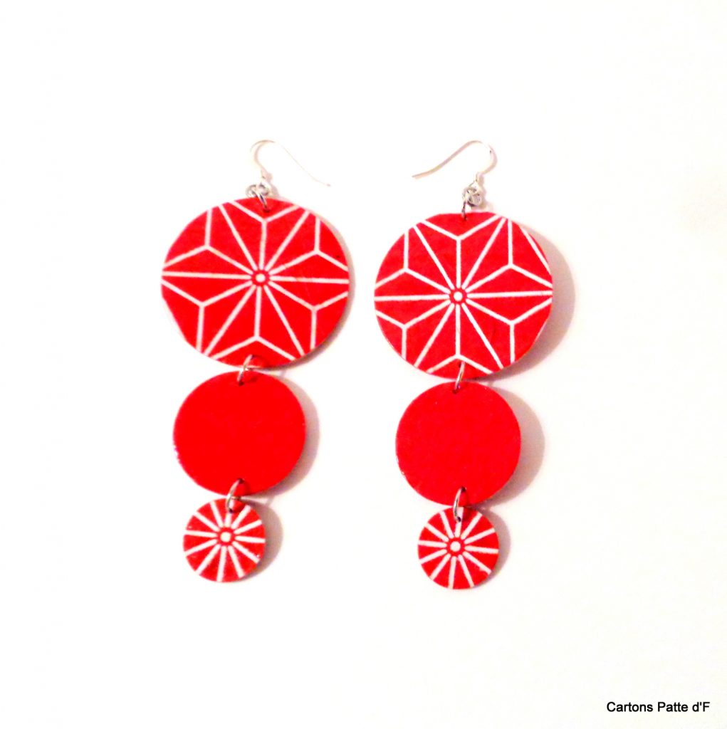 Boucles d'oreille en carton - Longues rondes - Rouge étoilé/Rouge - Argent 925