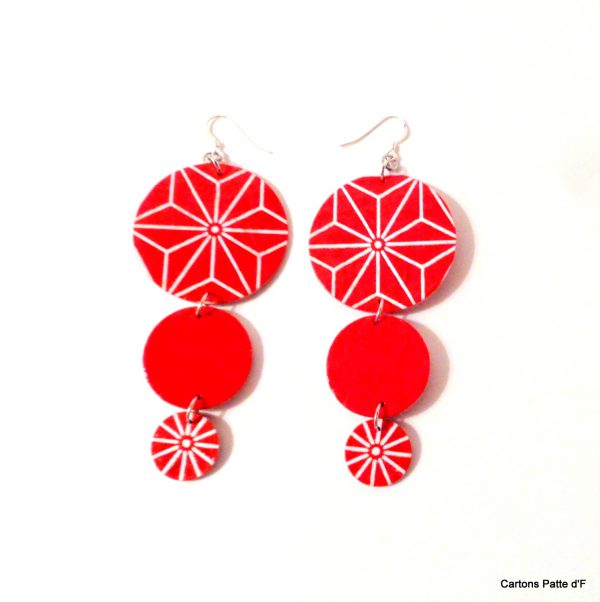 Boucles d'oreille en carton - Longues rondes - Rouge étoilé/Rouge - Argent 925