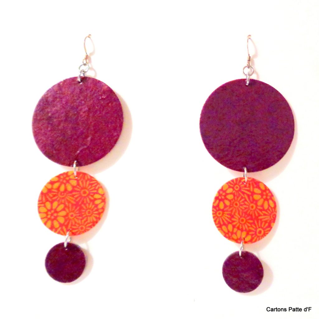 Boucles d'oreille en carton - Longues rondes - Bordeaux/Orange à fleurs - Argent 925