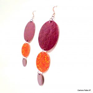 Boucles d'oreille en carton - Longues rondes - Bordeaux/Orange à fleurs - Argent 925 – Image 3