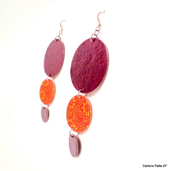 Boucles d'oreille en carton - Longues rondes - Bordeaux/Orange à fleurs - Argent 925
