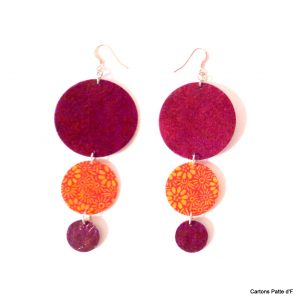 Boucles d'oreille en carton - Longues rondes - Bordeaux/Orange à fleurs - Argent 925 – Image 2