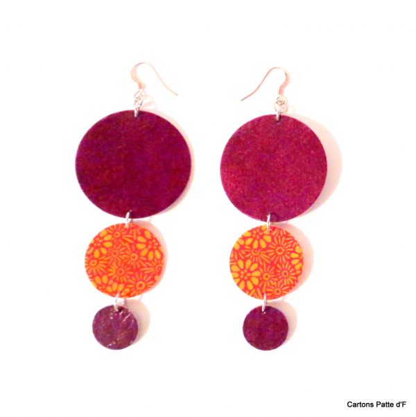 Boucles d'oreille en carton - Longues rondes - Bordeaux/Orange à fleurs - Argent 925
