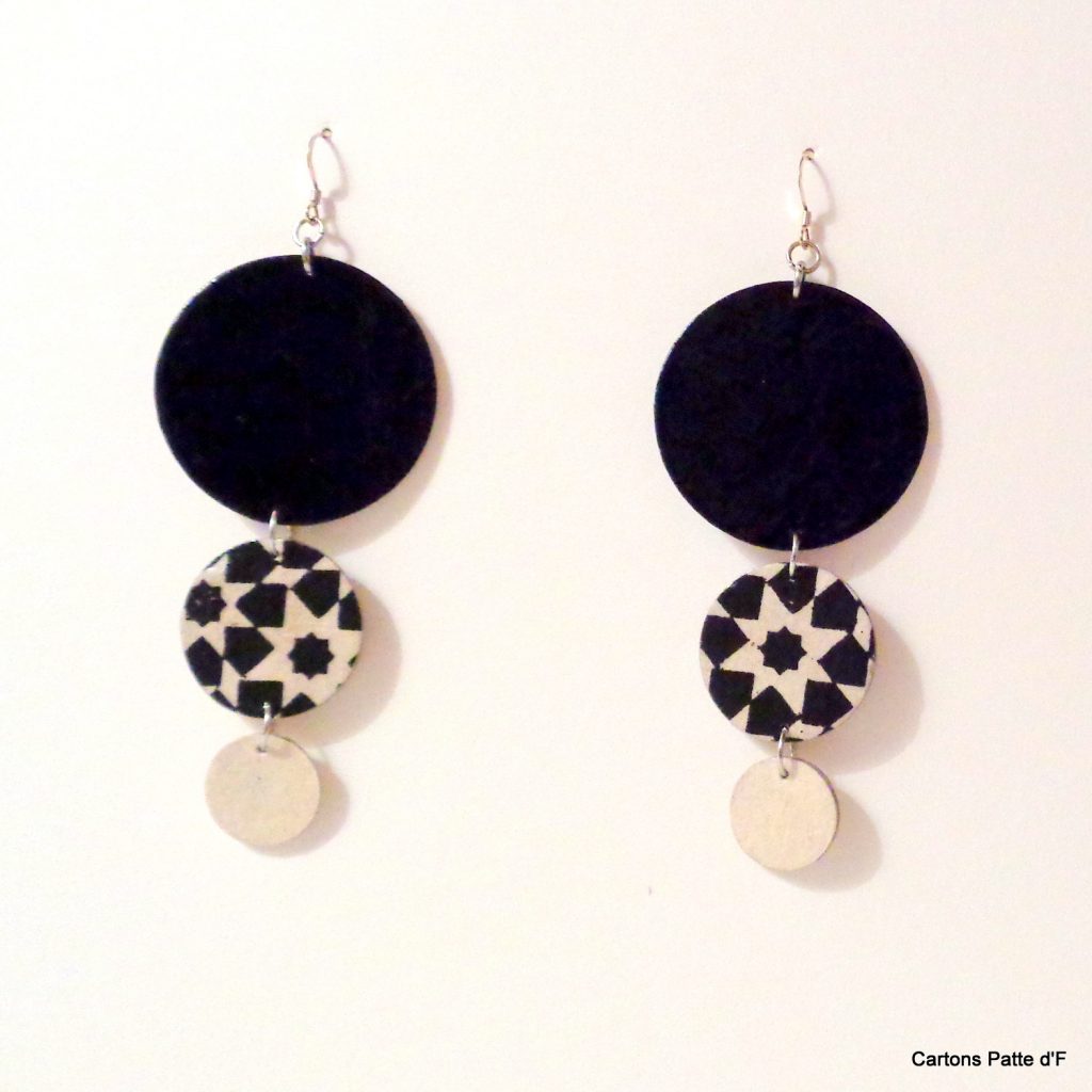 Boucles d'oreille en carton - Longues rondes - Noir/Noir Istanbul/Blanc - Argent 925