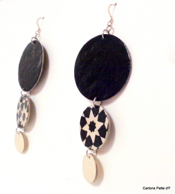 Boucles d'oreille en carton - Longues rondes - Noir/Noir Istanbul/Blanc - Argent 925
