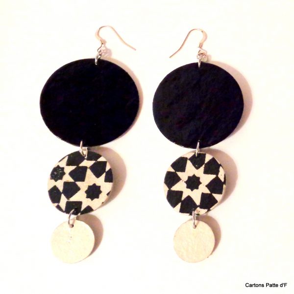 Boucles d'oreille en carton - Longues rondes - Noir/Noir Istanbul/Blanc - Argent 925