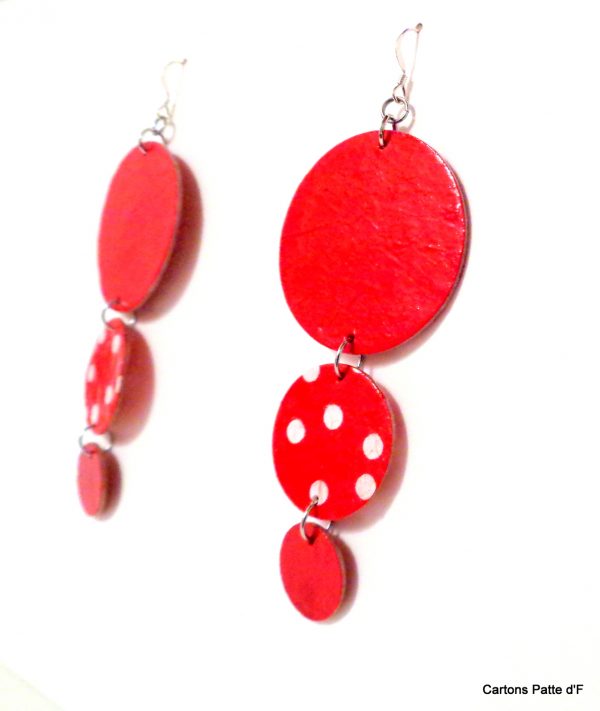 Boucles d'oreille en carton - Longues rondes - Rouge/Rouge à petits pois - Argent 925
