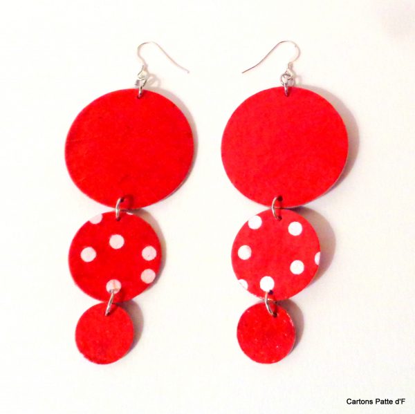 Boucles d'oreille en carton - Longues rondes - Rouge/Rouge à petits pois - Argent 925
