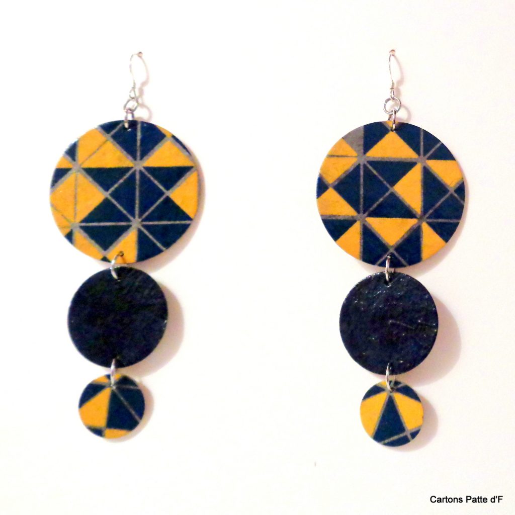 Boucles d'oreille en carton - Longues rondes - Bleu et Jaune Géo/Bleu - Argent 925