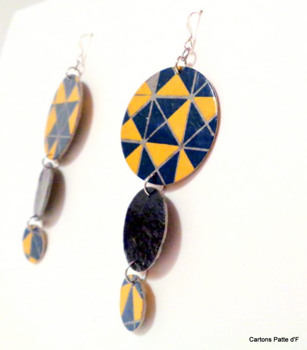 Boucles d'oreille en carton - Longues rondes - Bleu et Jaune Géo/Bleu - Argent 925