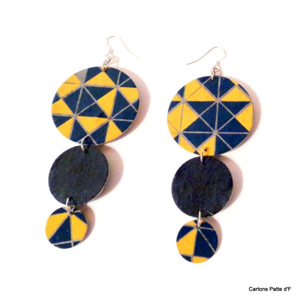 Boucles d'oreille en carton - Longues rondes - Bleu et Jaune Géo/Bleu - Argent 925