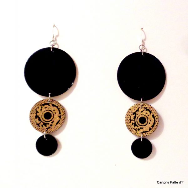 Boucles d'oreille en carton - Longues rondes - Noir/Noir Or - Argent 925