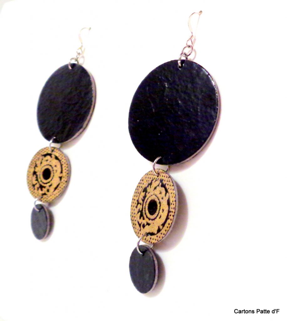 Boucles d'oreille en carton - Longues rondes - Noir/Noir Or - Argent 925