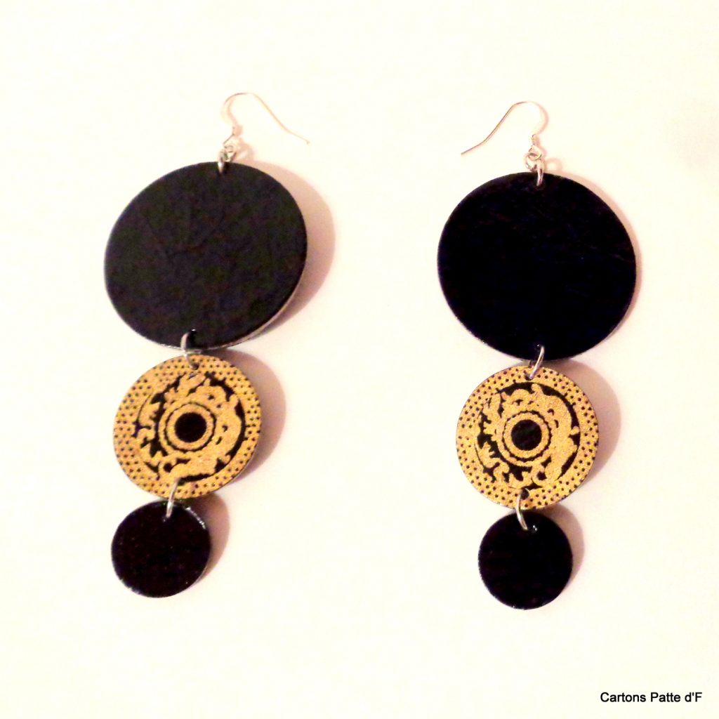 Boucles d'oreille en carton - Longues rondes - Noir/Noir Or - Argent 925