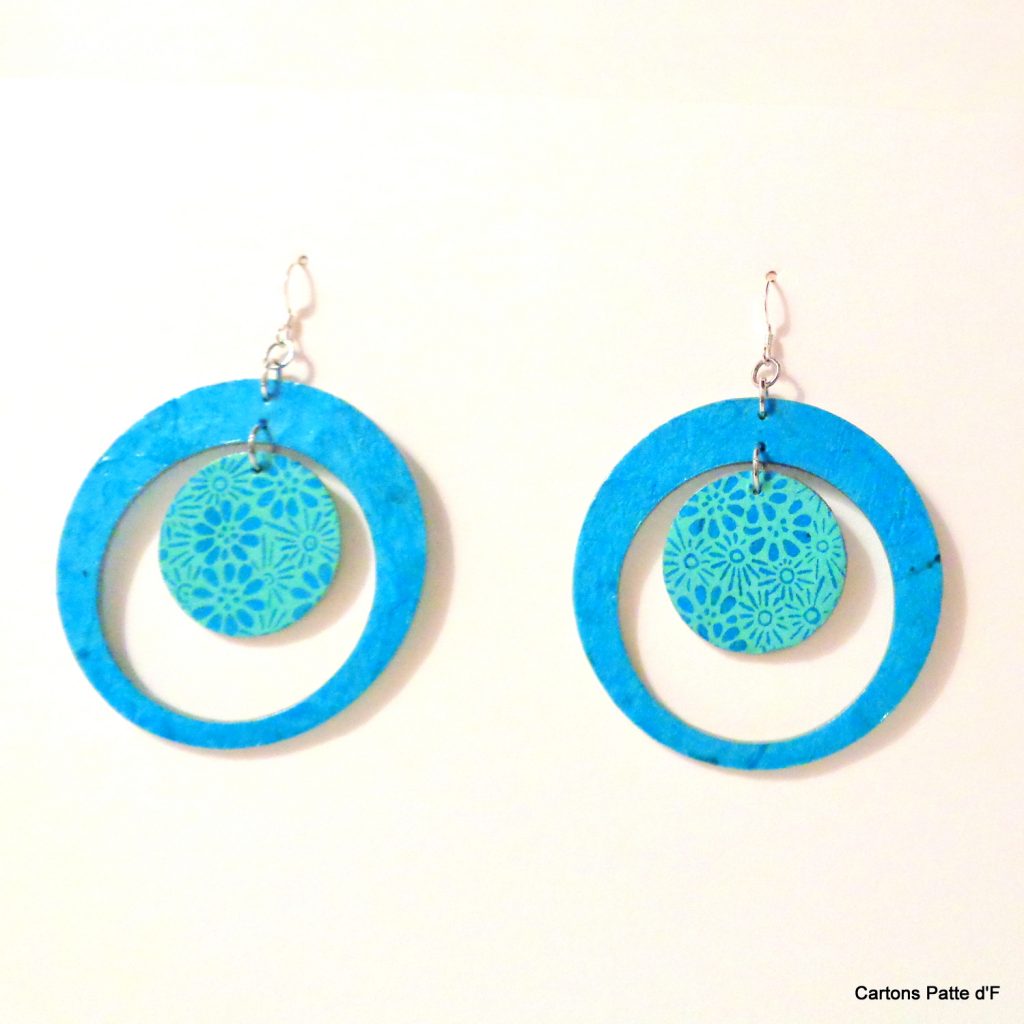 Boucles d'oreille en carton - "Grandes créoles plus une" - Bleu turquoise/Bleu fleurs turquoise- Argent 925