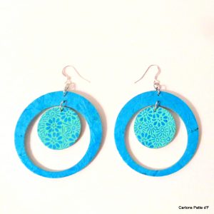 Boucles d'oreille en carton - "Grandes créoles plus une" - Bleu turquoise/Bleu fleurs turquoise- Argent 925 – Image 2