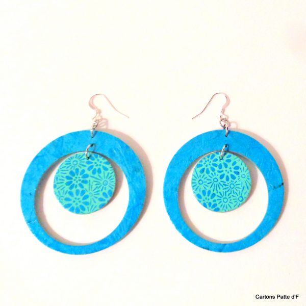 Boucles d'oreille en carton - "Grandes créoles plus une" - Bleu turquoise/Bleu fleurs turquoise- Argent 925
