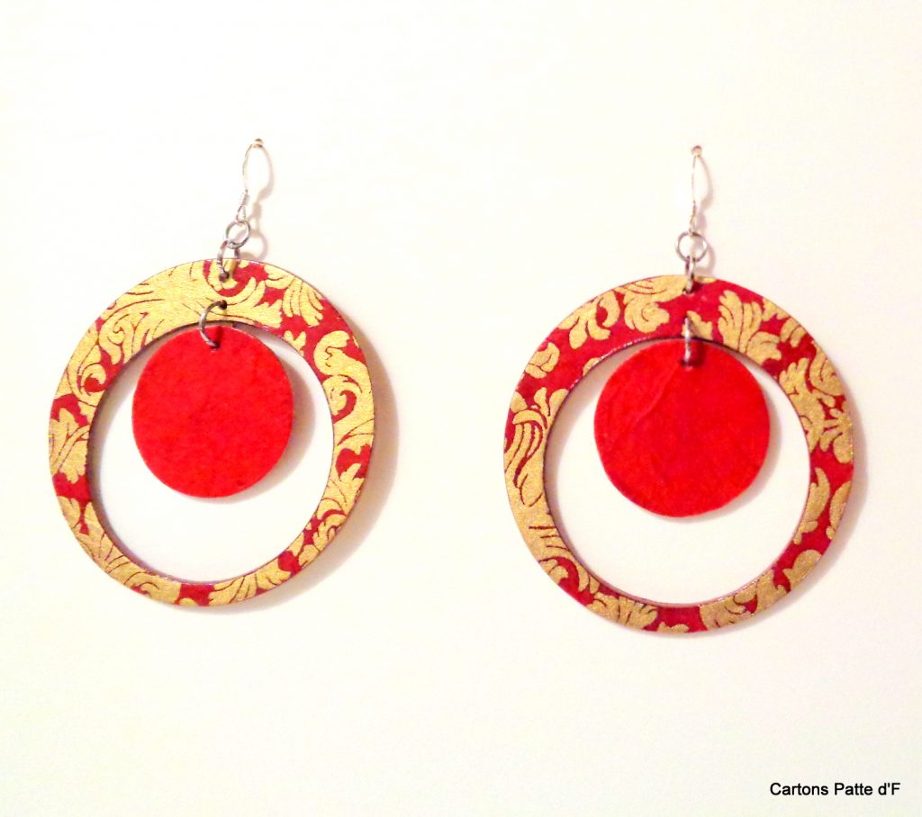 Boucles d'oreille en carton - "Grandes créoles plus une" - Or Rouge/Rouge - Argent 925