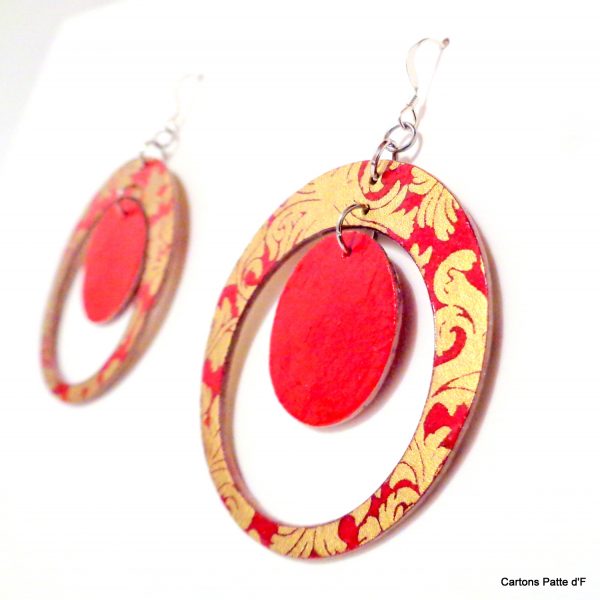 Boucles d'oreille en carton - "Grandes créoles plus une" - Or Rouge/Rouge - Argent 925