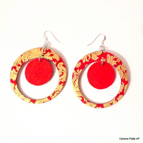 Boucles d'oreille en carton - "Grandes créoles plus une" - Or Rouge/Rouge - Argent 925