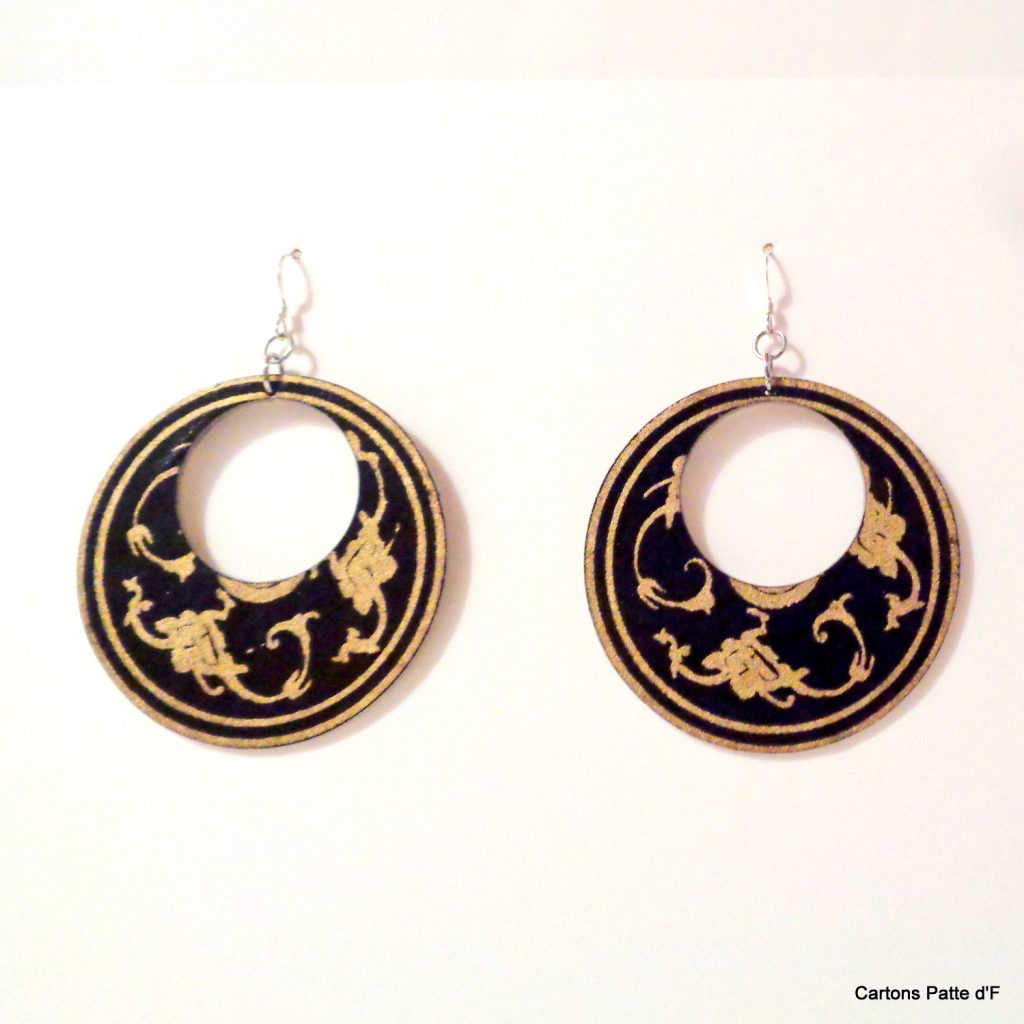 Boucles d'oreille en carton - Grandes Créoles - Noir Or - Argent 925