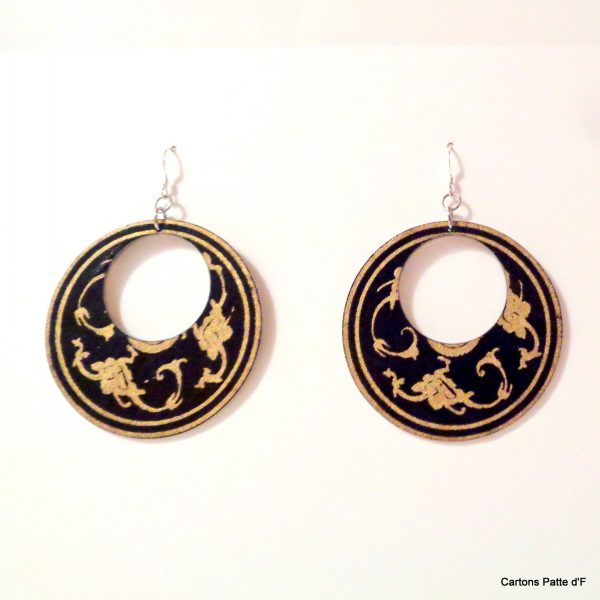 Boucles d'oreille en carton - Grandes Créoles - Noir Or - Argent 925