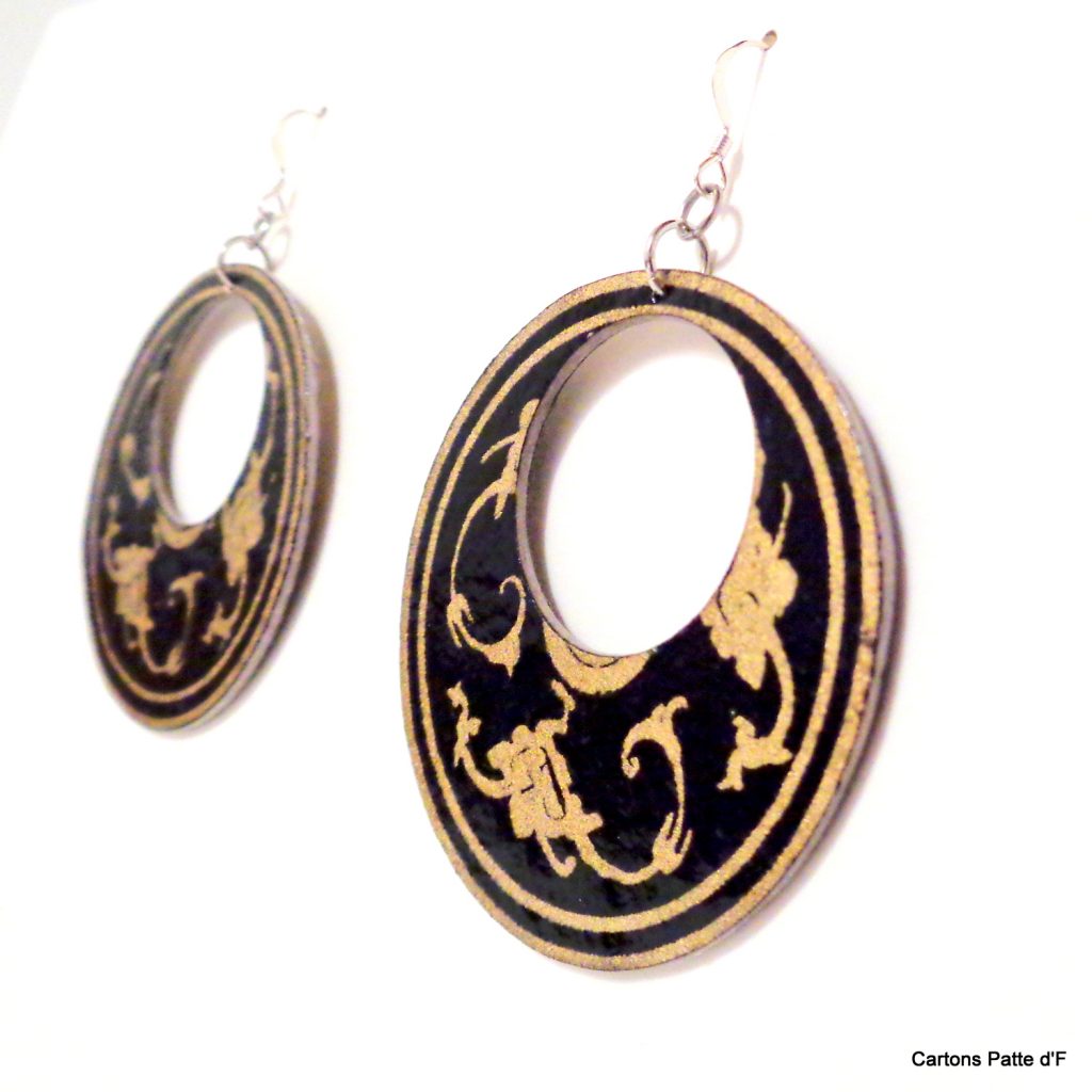Boucles d'oreille en carton - Grandes Créoles - Noir Or - Argent 925