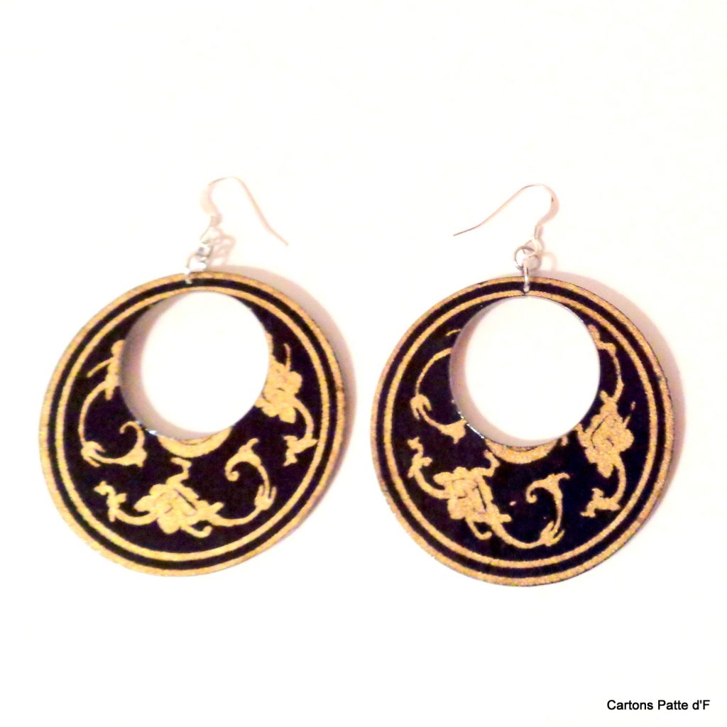 Boucles d'oreille en carton - Grandes Créoles - Noir Or - Argent 925