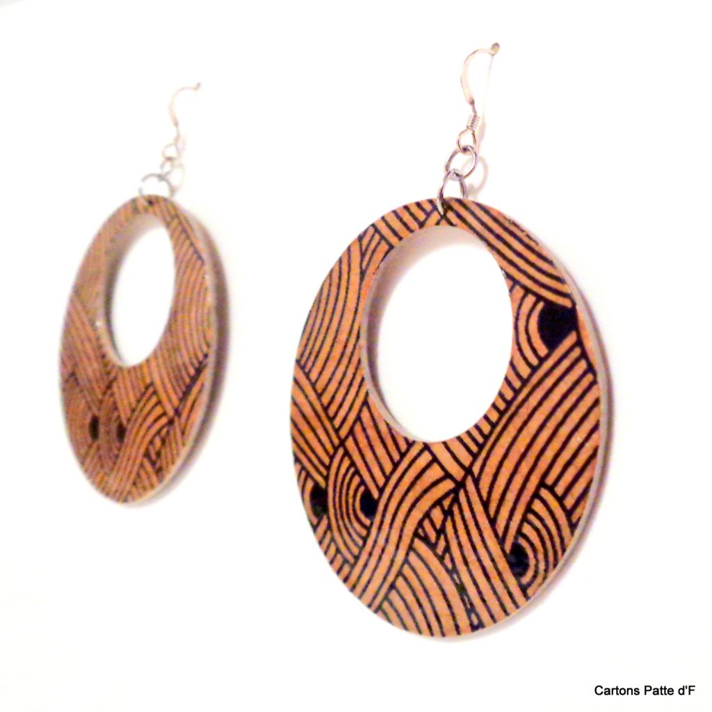 Boucles d'oreille en carton - Grandes Créoles - Marron Nœuds - Argent 925