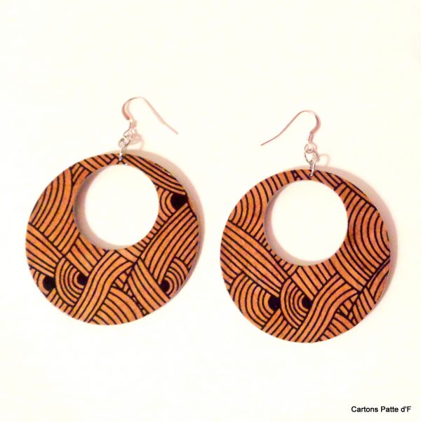 Boucles d'oreille en carton - Grandes Créoles - Marron Nœuds - Argent 925