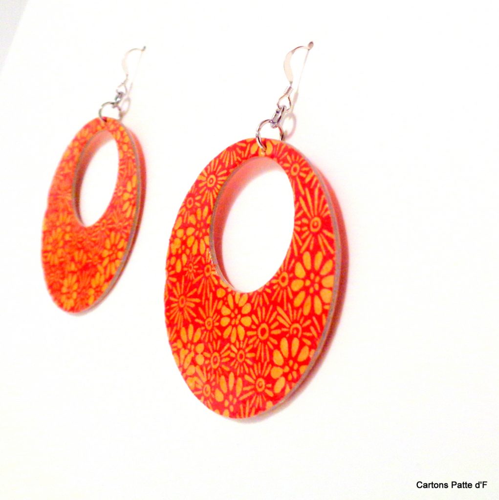 Boucles d'oreille en carton - Grandes Créoles - Orange à Fleurs - Argent 925