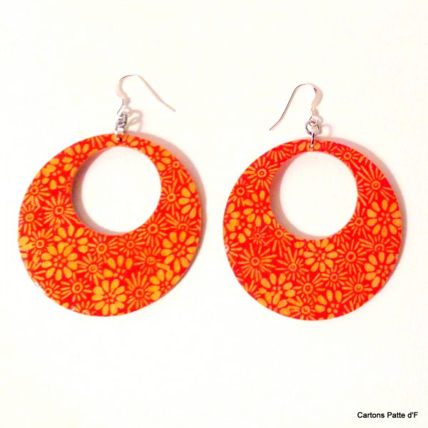 Boucles d'oreille en carton - Grandes Créoles - Orange à Fleurs - Argent 925