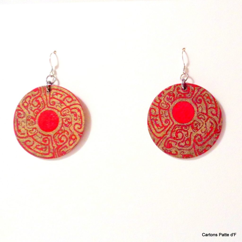 Boucles d'oreille en carton - Rondes - Rouge Or - Argent 925