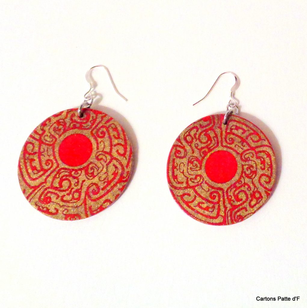 Boucles d'oreille en carton - Rondes - Rouge Or - Argent 925